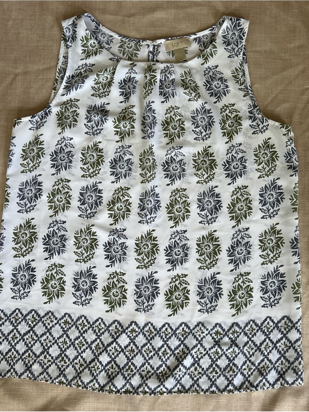 LOFT White Sleeveless Printed Top with Olive & Navy Motif